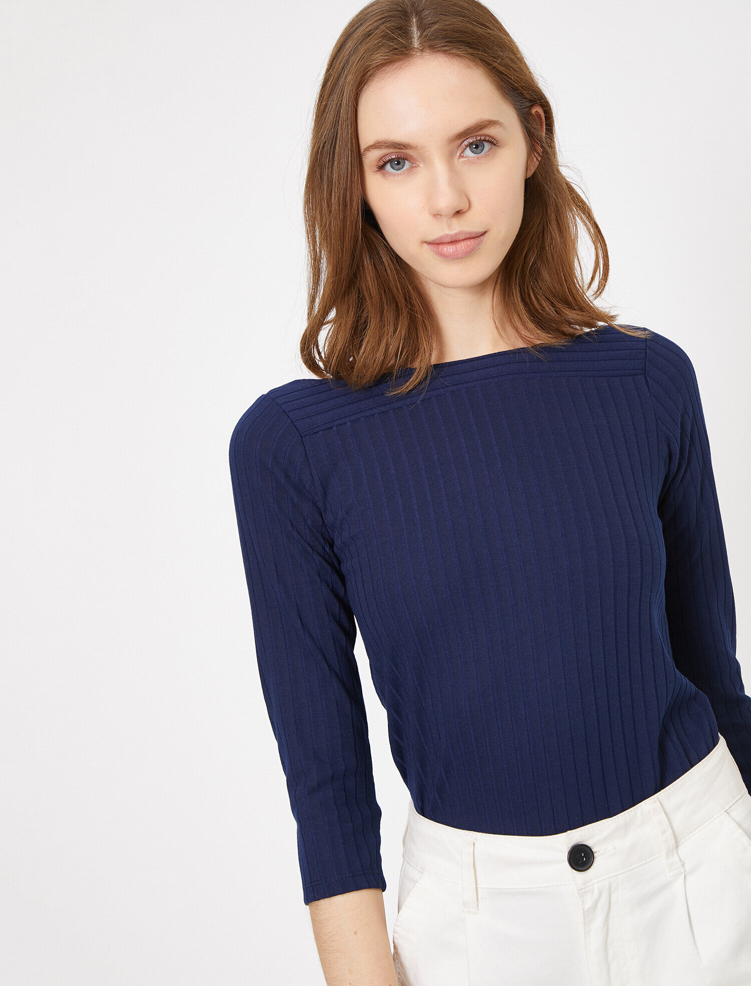   Uzun Kollu Tişört Çizgi Detaylı Kayık Yaka