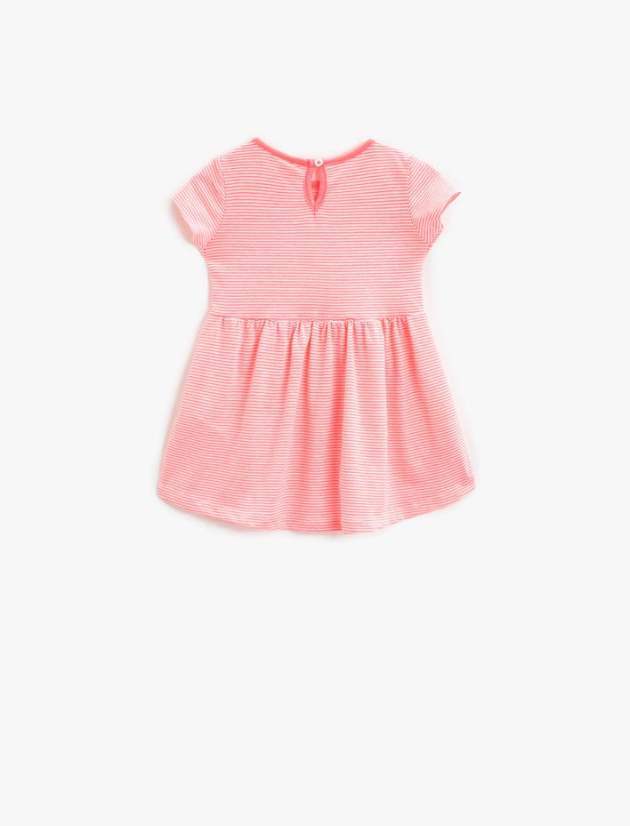 Kız Bebek Çizgili Elbise İşlemeli Pamuklu Bisiklet Yaka