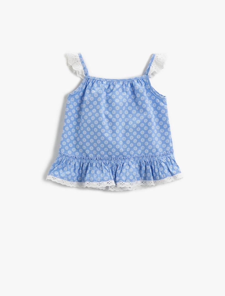  Kız Bebek Desenli Bluz Dantel Detaylı Pamuklu