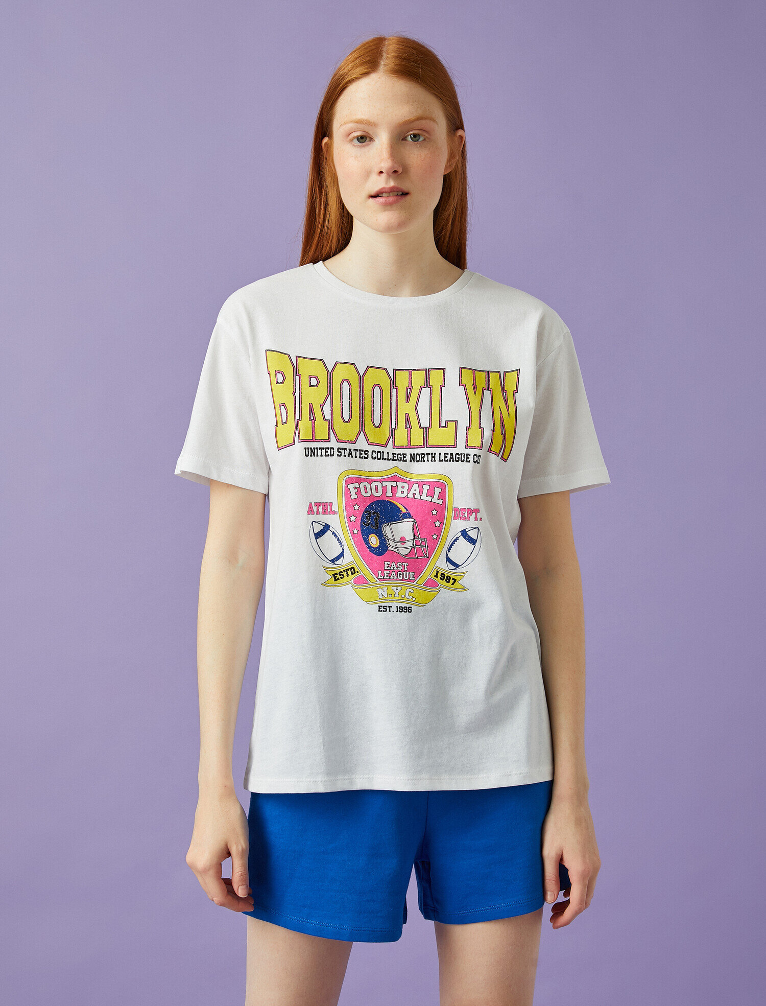   Baskılı Tişört Bisiklet Yaka Kısa Kollu Pamuklu