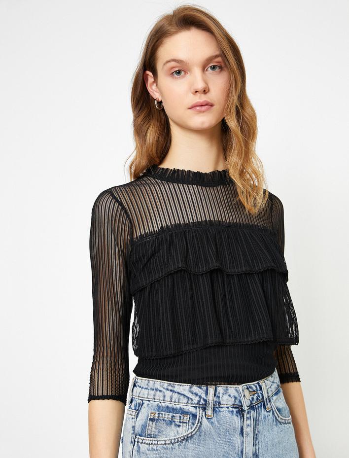  Uzun Kollu Tişört Fırfır Detaylı Tül Bluz