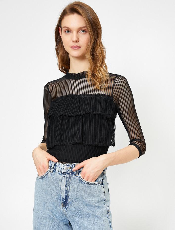  Uzun Kollu Tişört Fırfır Detaylı Tül Bluz