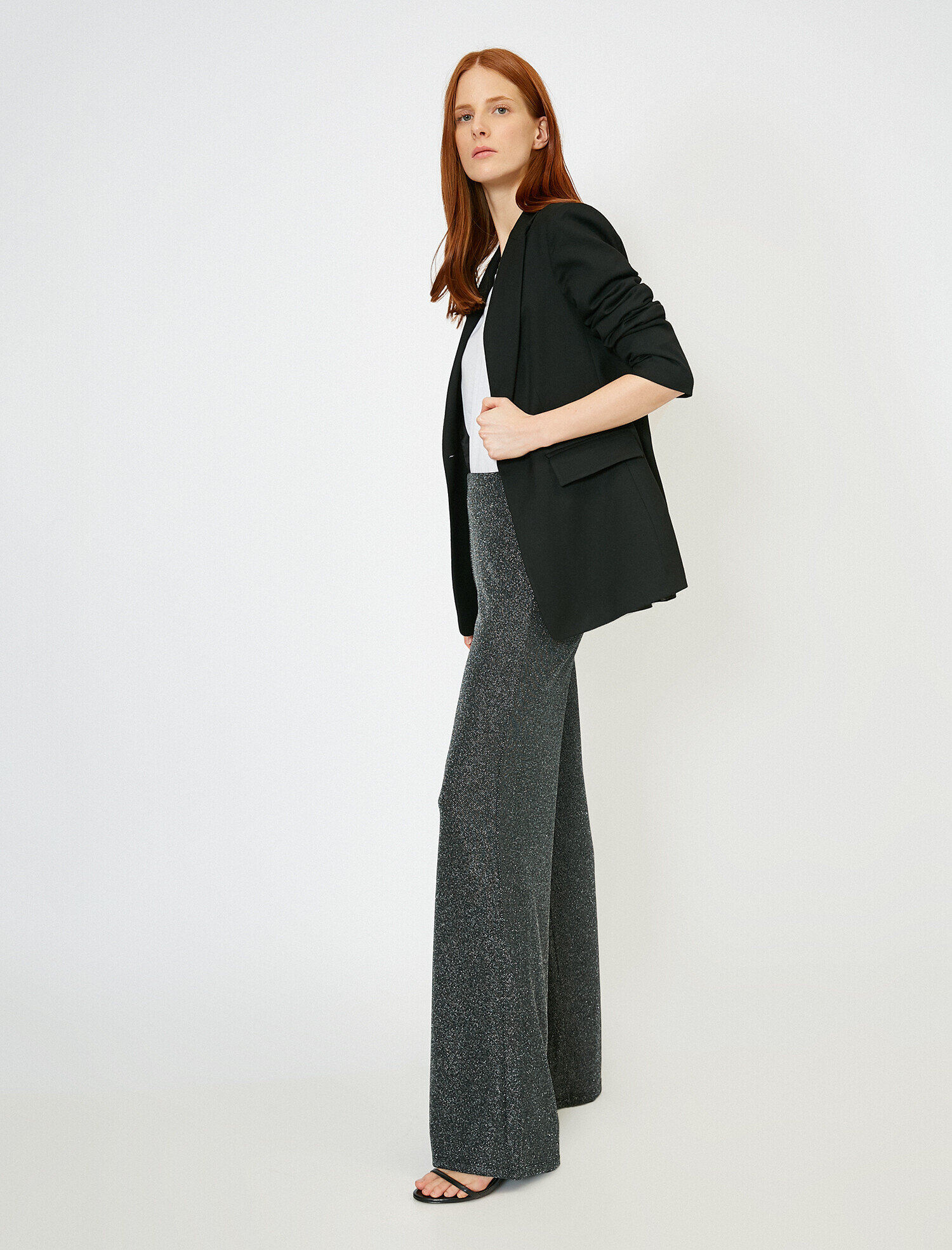   Simli Beli Lastikli Geniş Uzun Paça Pantolon