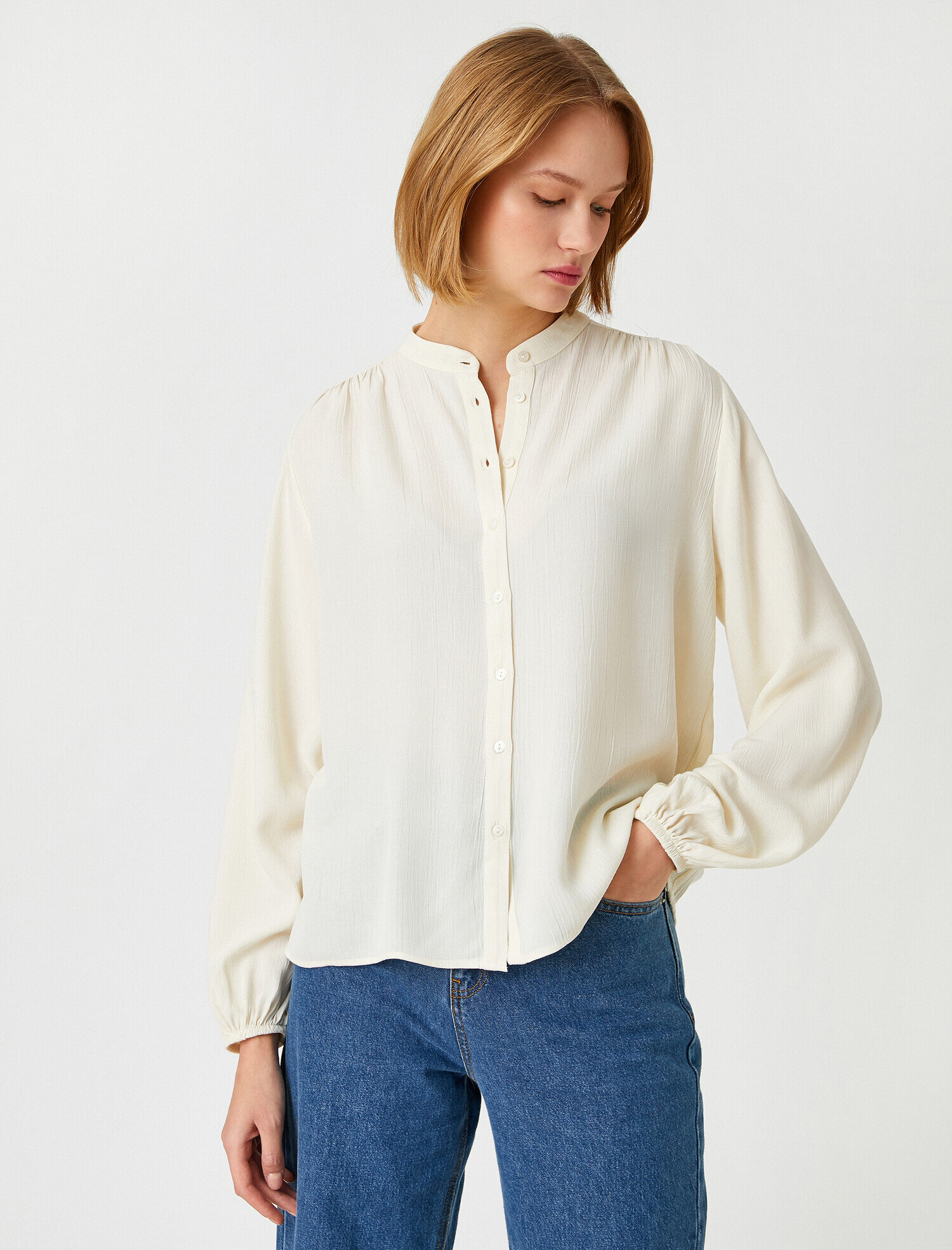   Yakasız Gömlek Balon Kol