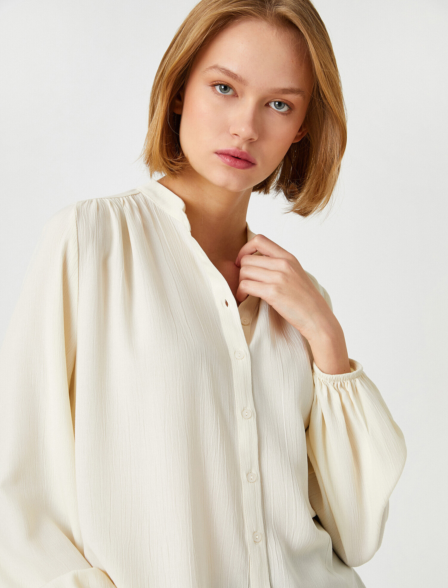   Yakasız Gömlek Balon Kol