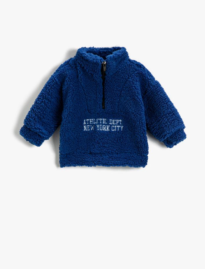 Erkek Bebek Peluş Sweatshirt Fermuarlı Yazı İşlemeli