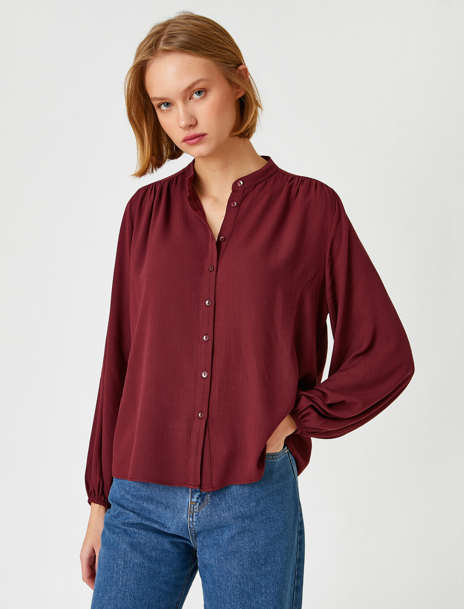   Yakasız Gömlek Balon Kol