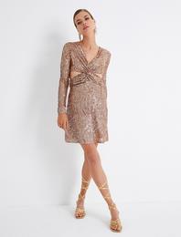 Pencere Detaylı Pullu Mini Elbise