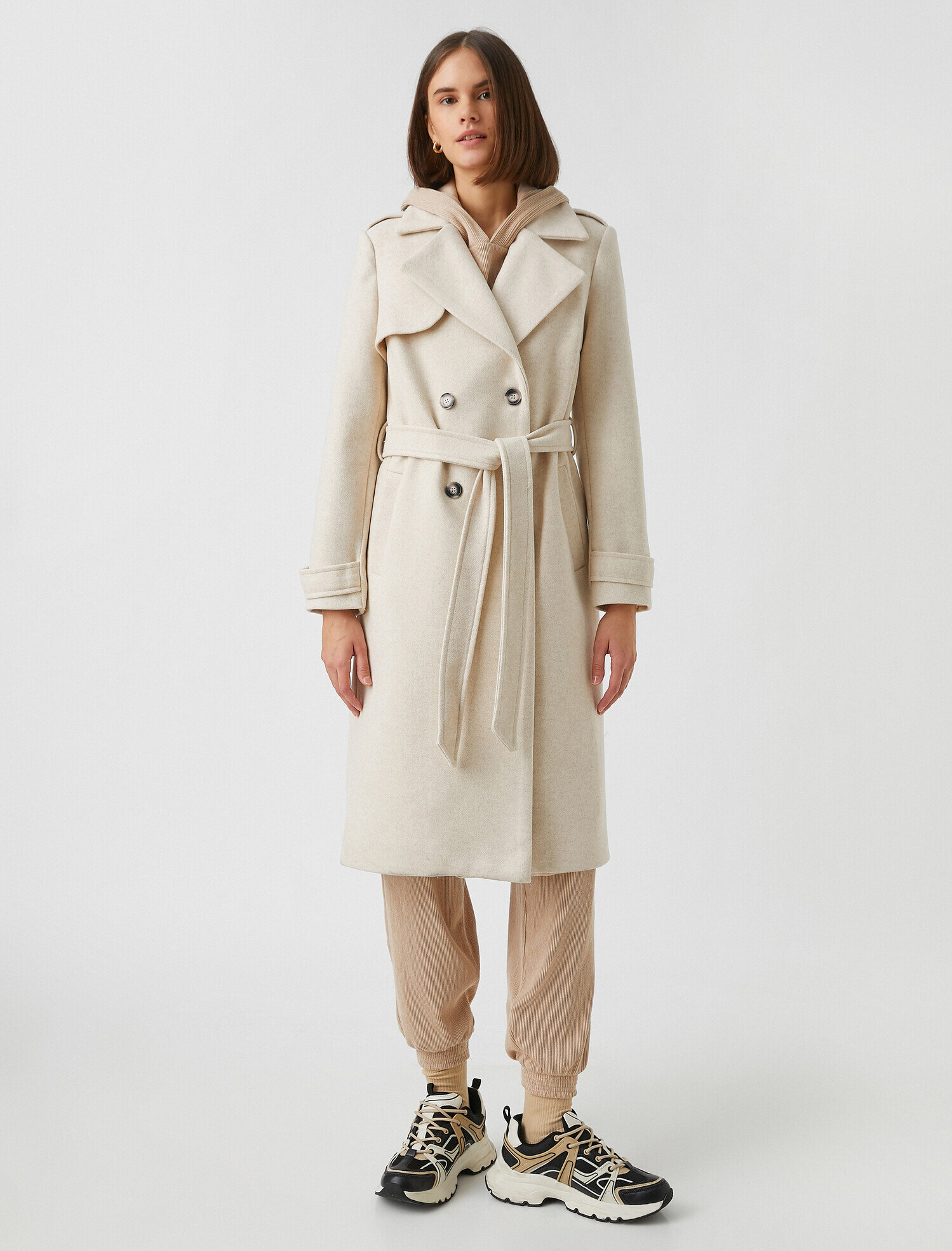   Kruvaze Yaka Kuşaklı Uzun Kaban