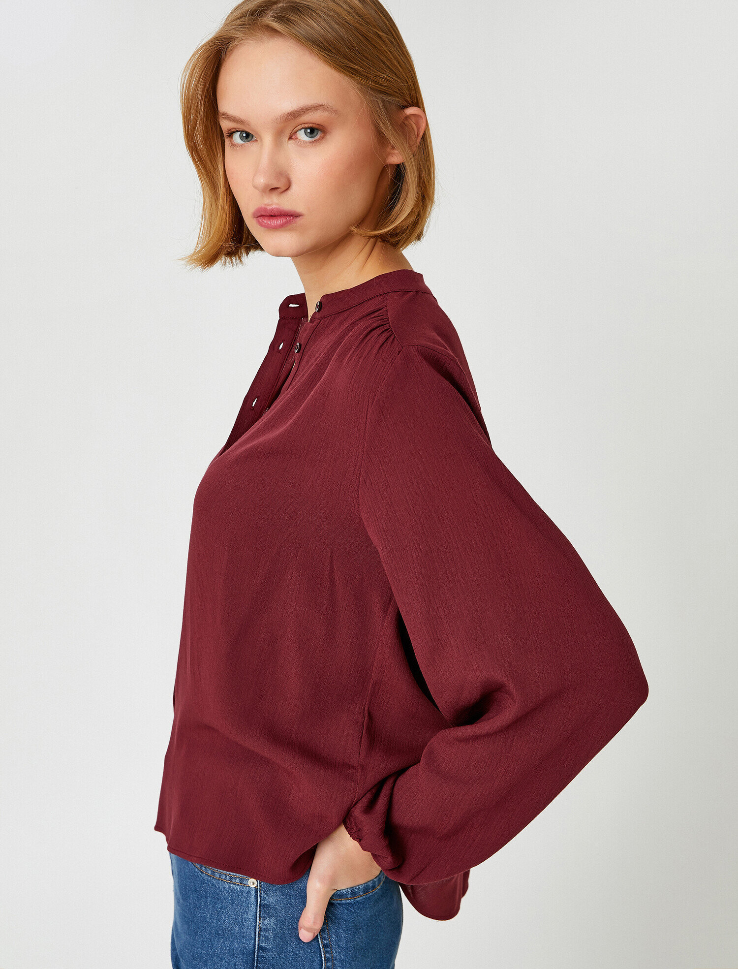   Yakasız Gömlek Balon Kol