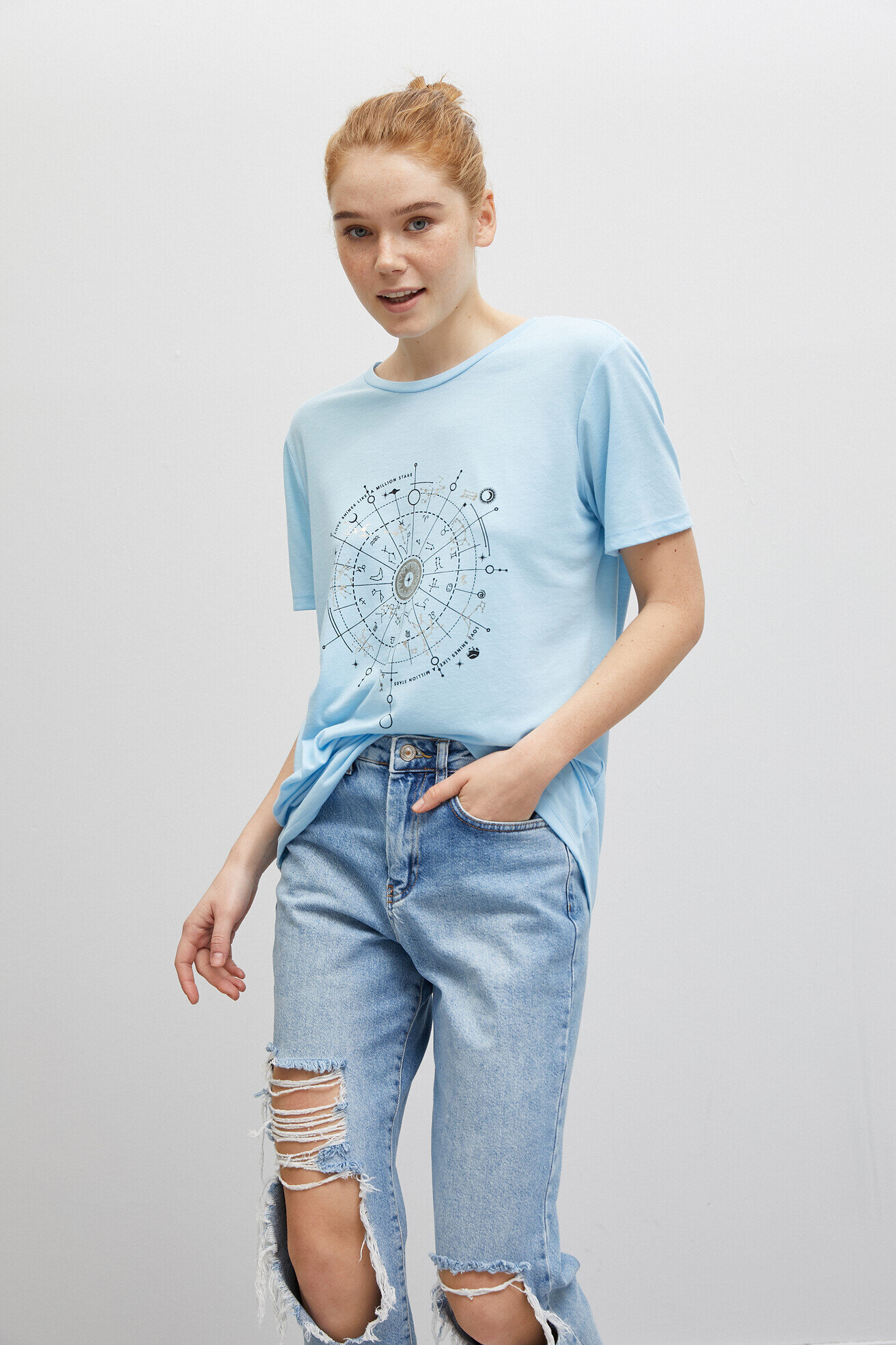   Baskılı Tişört Bisiklet Yaka Kısa Kollu Oversize