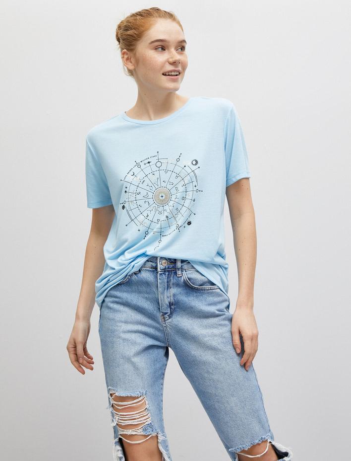  Baskılı Tişört Bisiklet Yaka Kısa Kollu Oversize