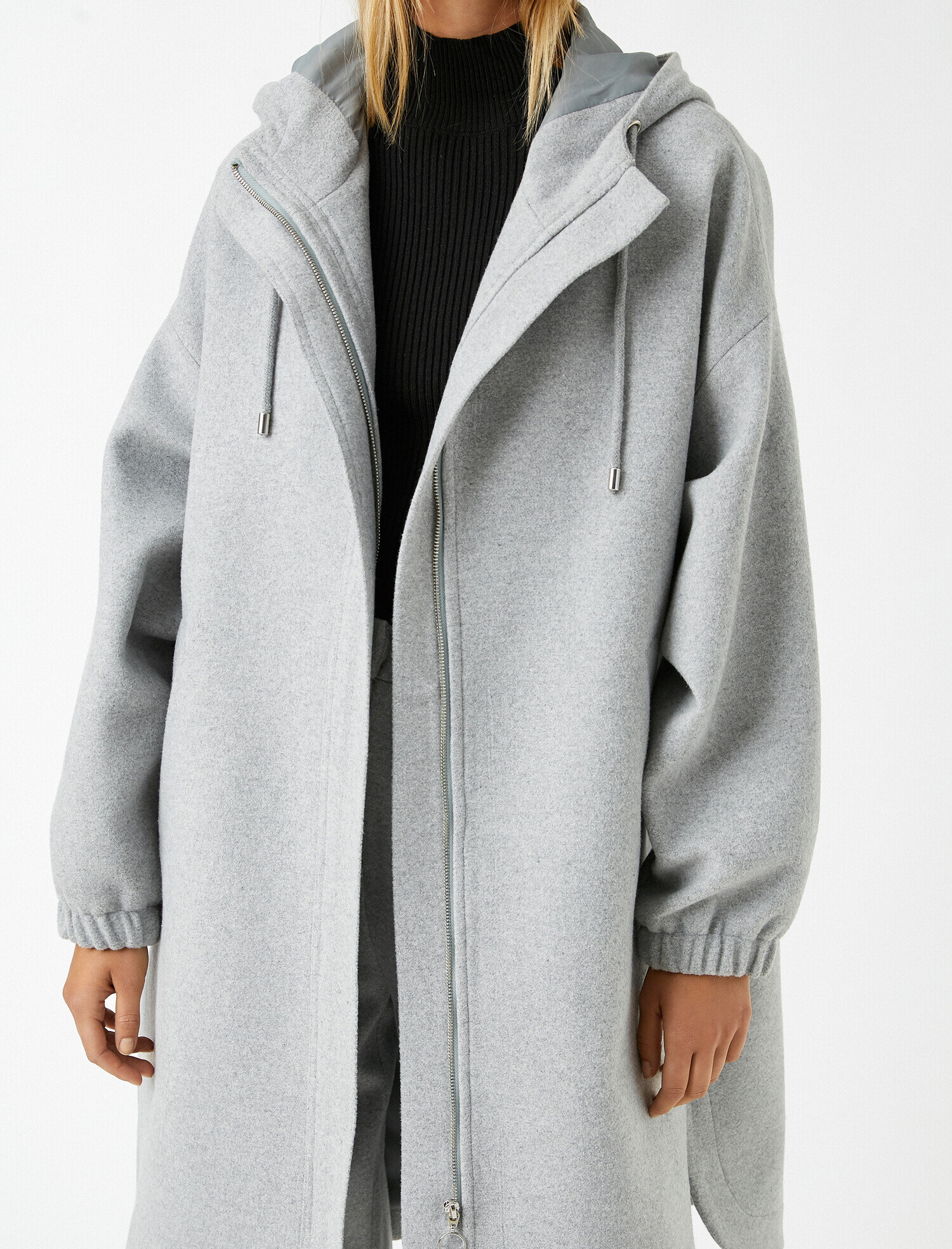 Yün Karışımlı Kapüşonlu Fermuarlı Uzun Mont