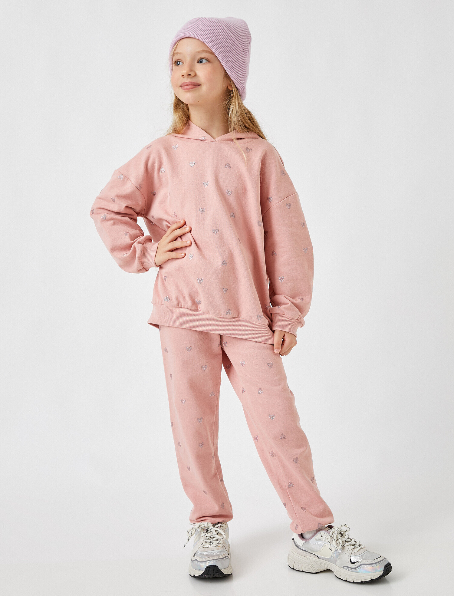  Kız Çocuk Simli Kalp Baskılı Beli Bağcıklı Pamuklu Jogger Eşofman Altı