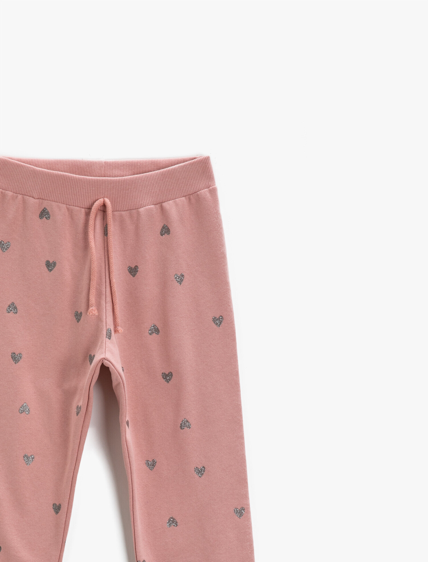  Kız Çocuk Simli Kalp Baskılı Beli Bağcıklı Pamuklu Jogger Eşofman Altı