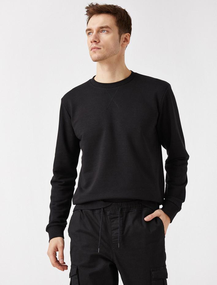  Pamuklu Basic Bisiklet Yaka Uzun Kollu Sweatshirt