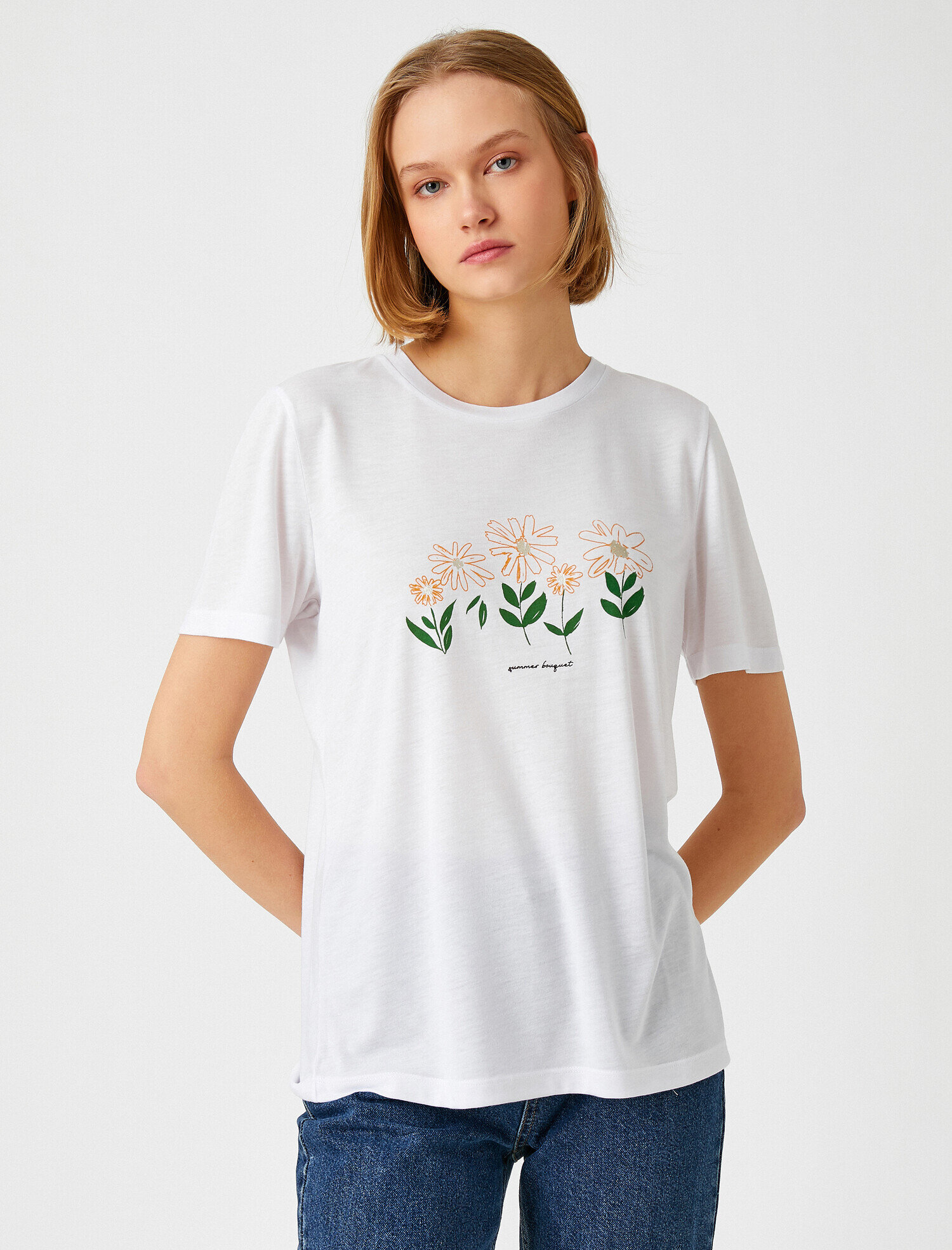   Çiçek Baskılı Tişört Kısa Kollu Bisiklet Yaka