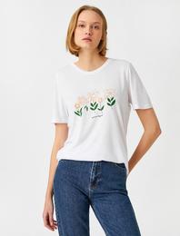 Çiçek Baskılı Tişört Kısa Kollu Bisiklet Yaka