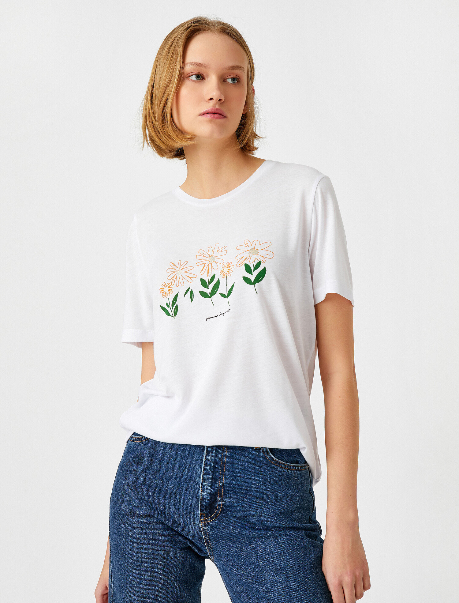   Çiçek Baskılı Tişört Kısa Kollu Bisiklet Yaka