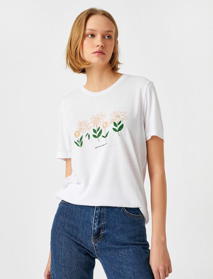  Çiçek Baskılı Tişört Kısa Kollu Bisiklet Yaka