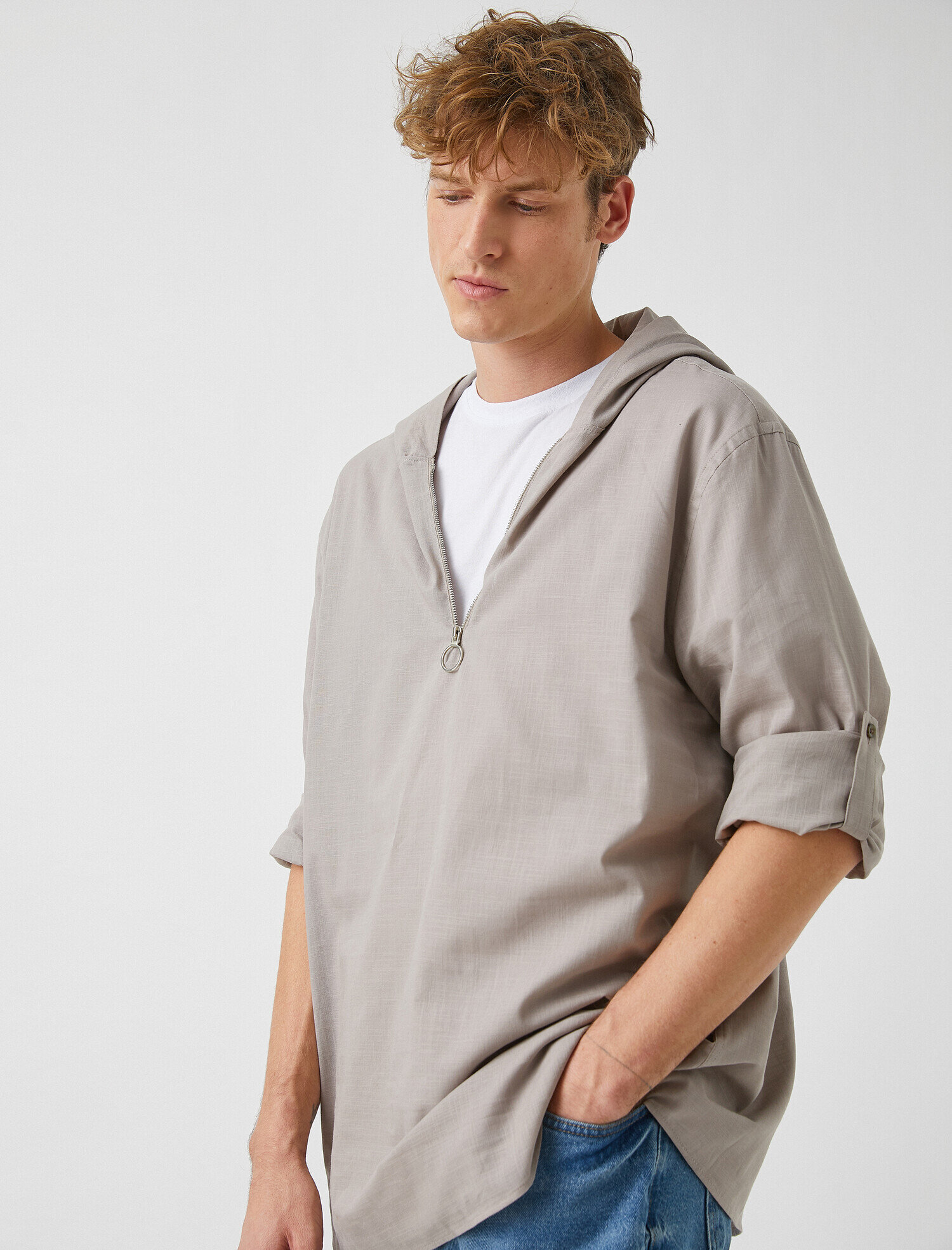   Yarım Fermuar Kapüşonlu Dokuma Sweatshirt