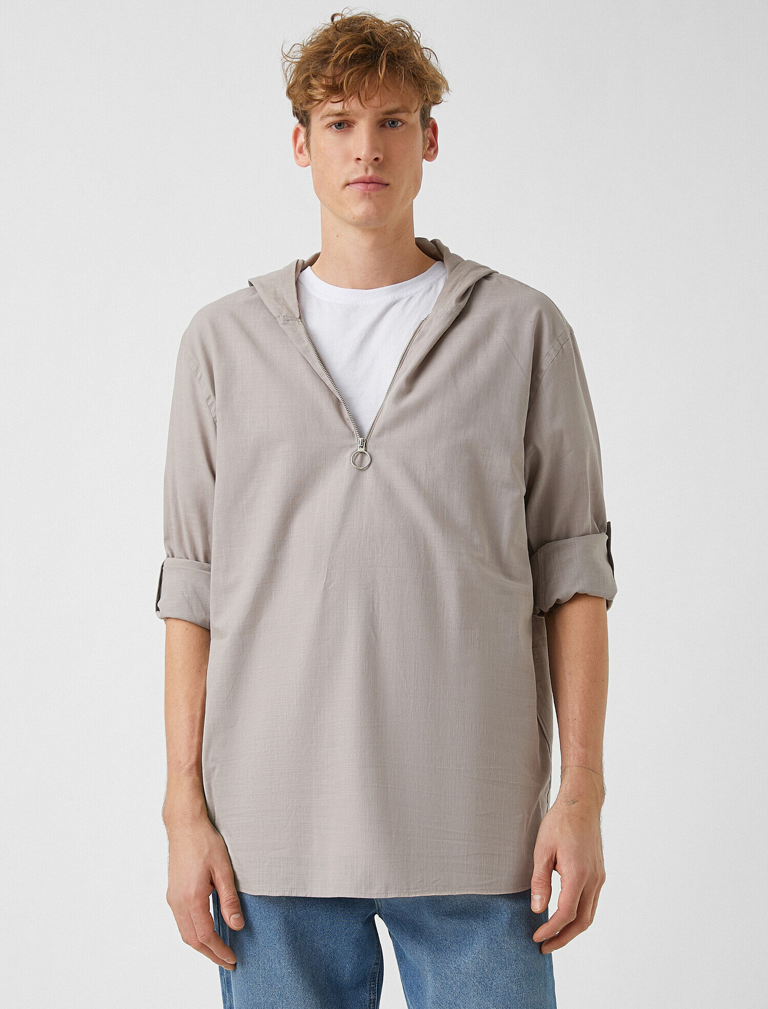   Yarım Fermuar Kapüşonlu Dokuma Sweatshirt