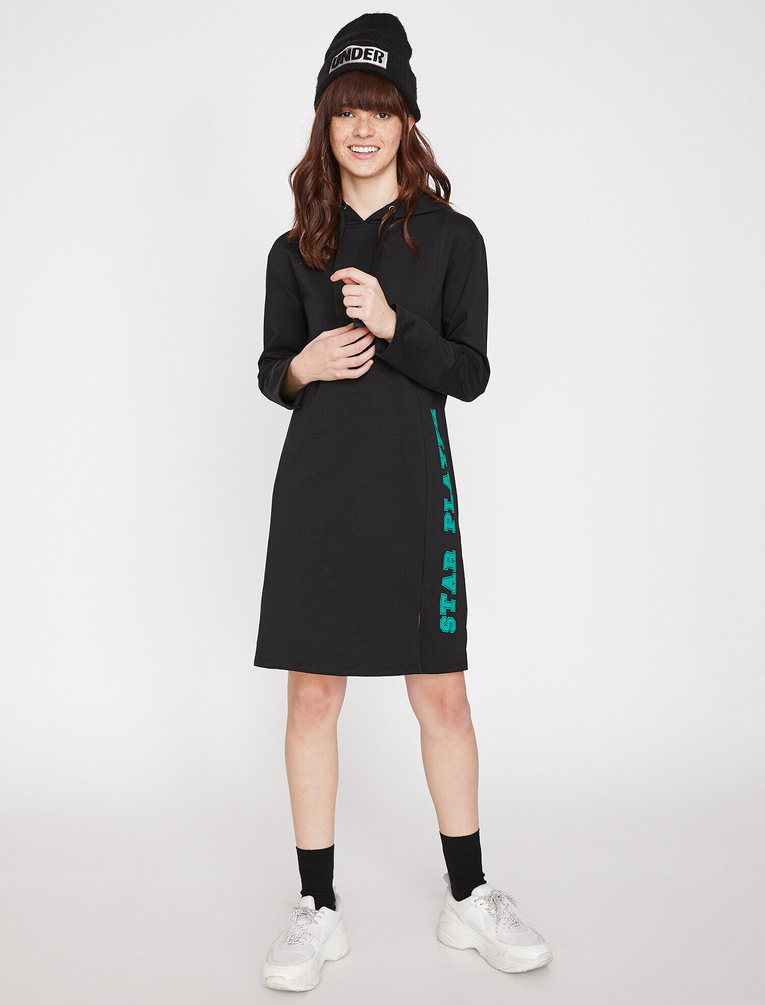   Sweat Elbise Kapşonlu Baskı Detaylı Uzun Kollu