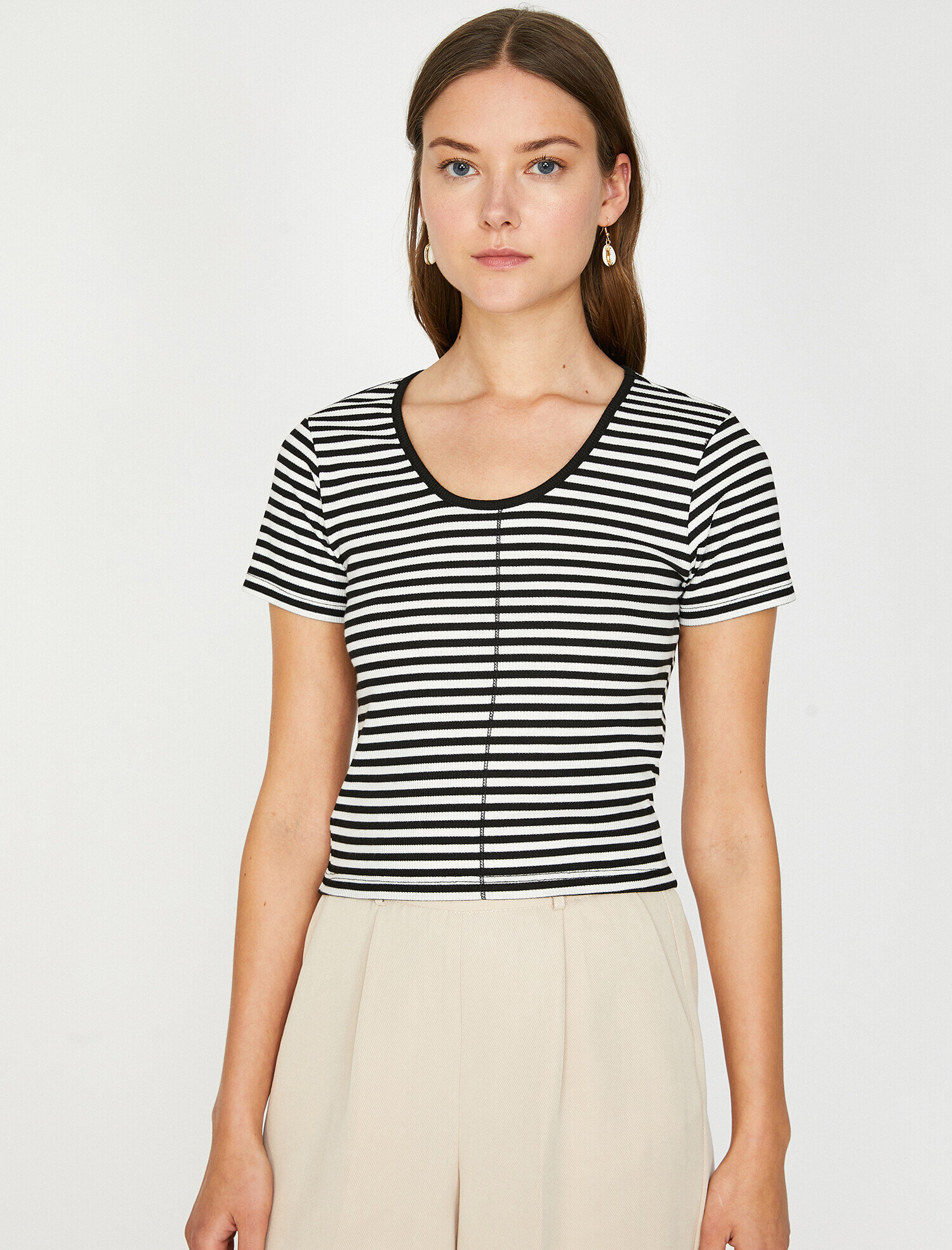   Fitilli Çizgili Karyoka Detaylı Bisiklet Yaka Basic Tişört