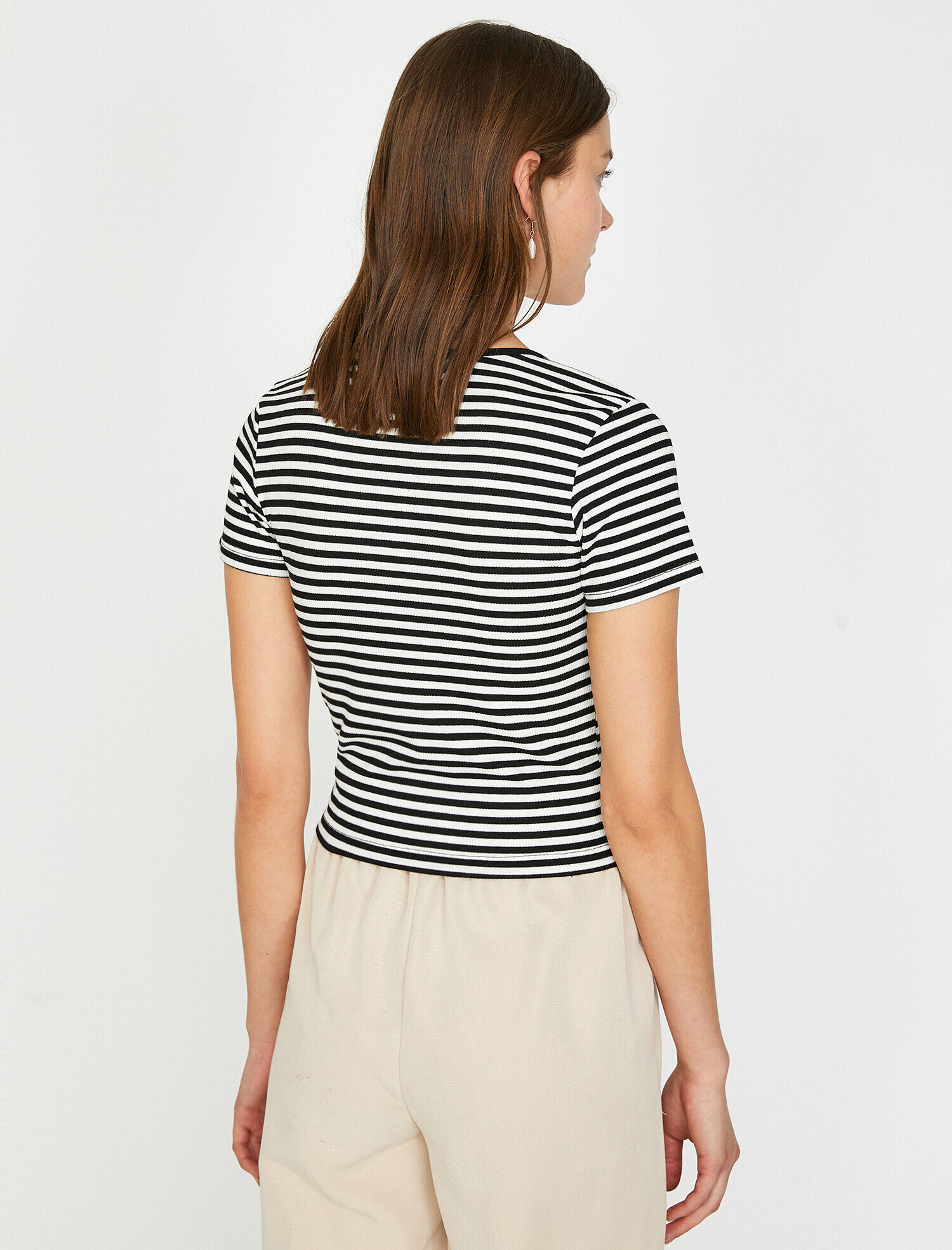  Fitilli Çizgili Karyoka Detaylı Bisiklet Yaka Basic Tişört