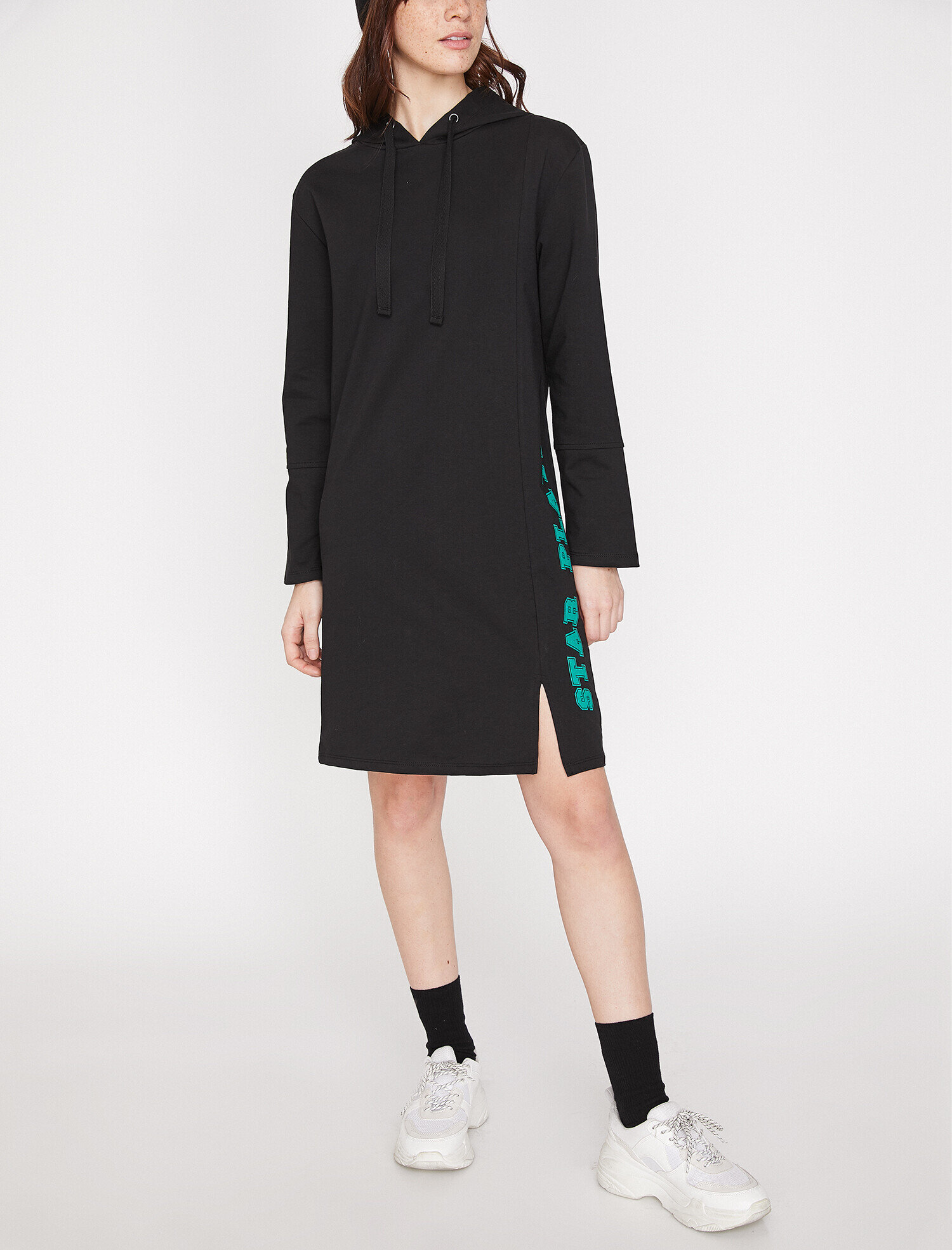   Sweat Elbise Kapşonlu Baskı Detaylı Uzun Kollu