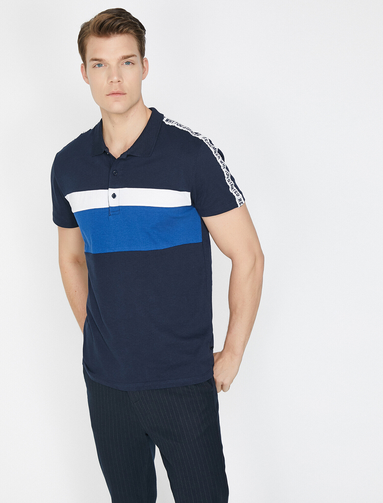   Polo Yaka Omuz Baskılı Renk Bloklu Slim Fit Tişört