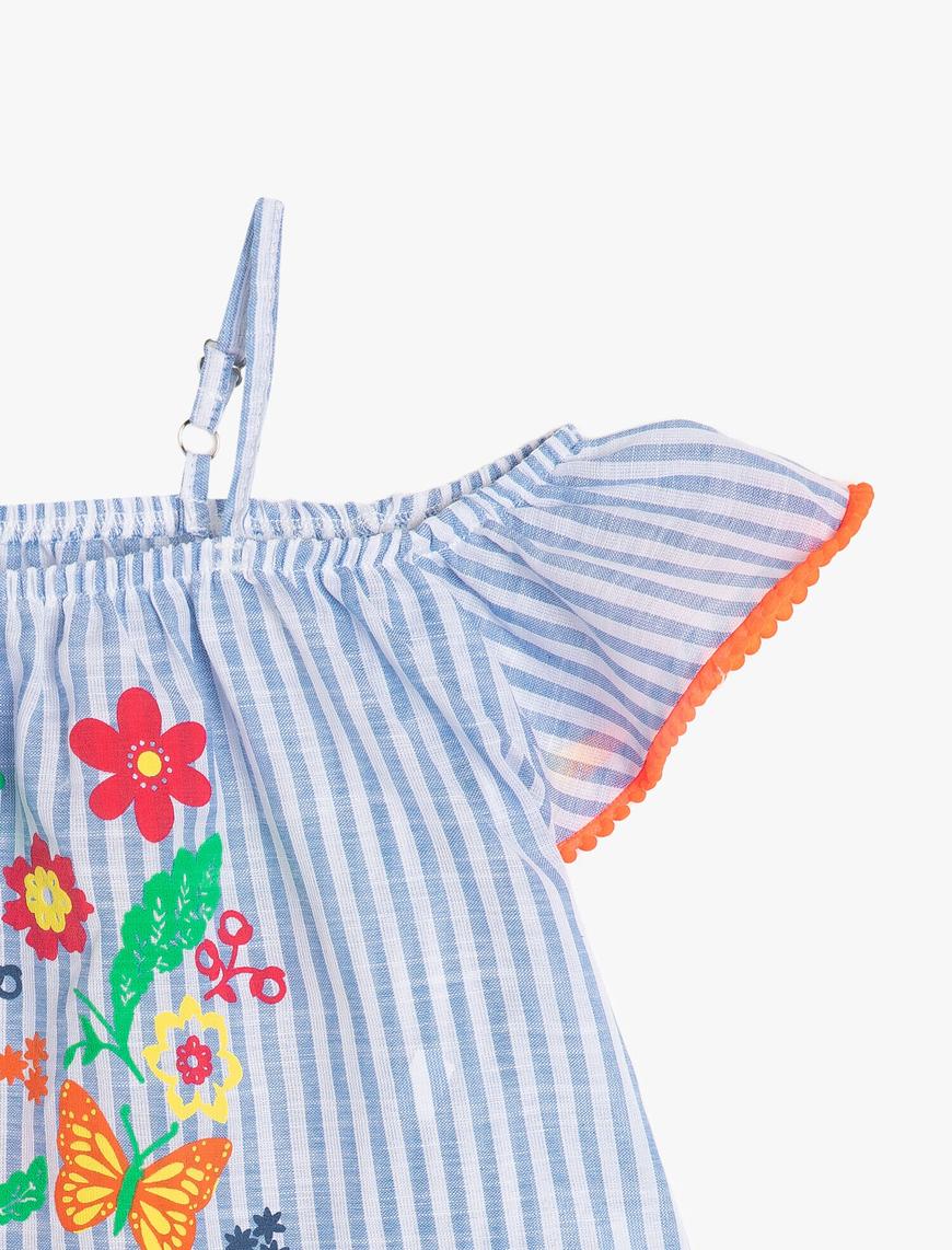  Kız Çocuk Çizgili Poplin Kumaştan Çiçekli Omzu Açık Bol Kesim Kısa Kollu Bluz
