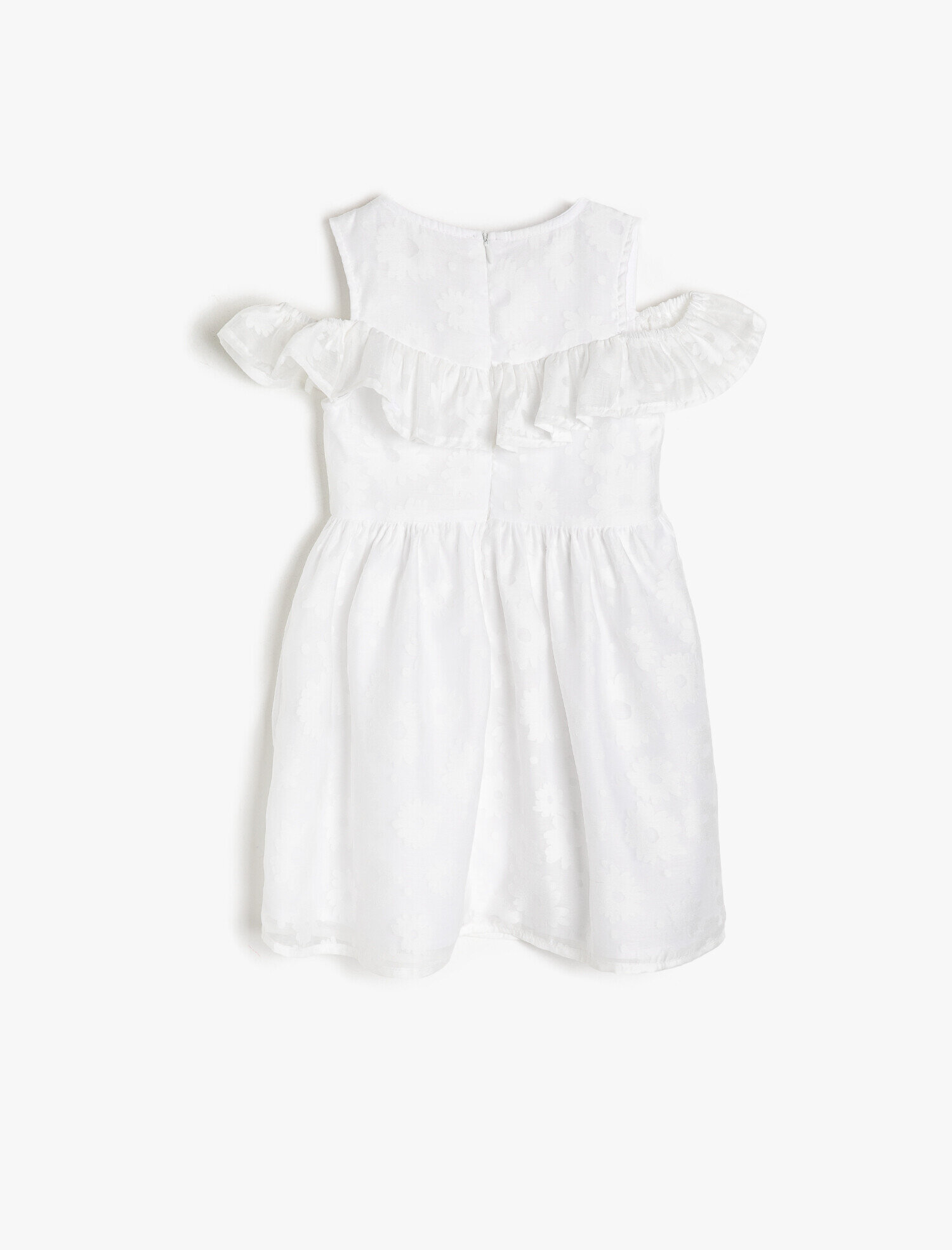  Kız Çocuk Çiçekli Kumaştan Yakası Fırfırlı Belden Oturtmalı Orta Boy Elbise