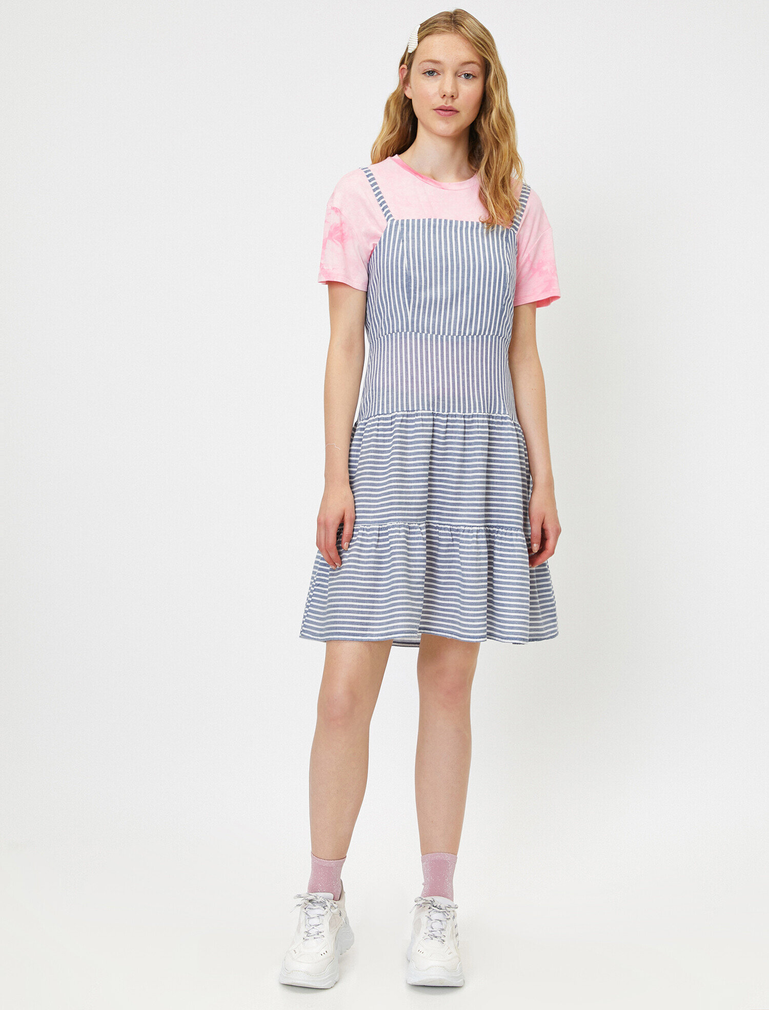   Çizgili Elbise Keten Karışımlı