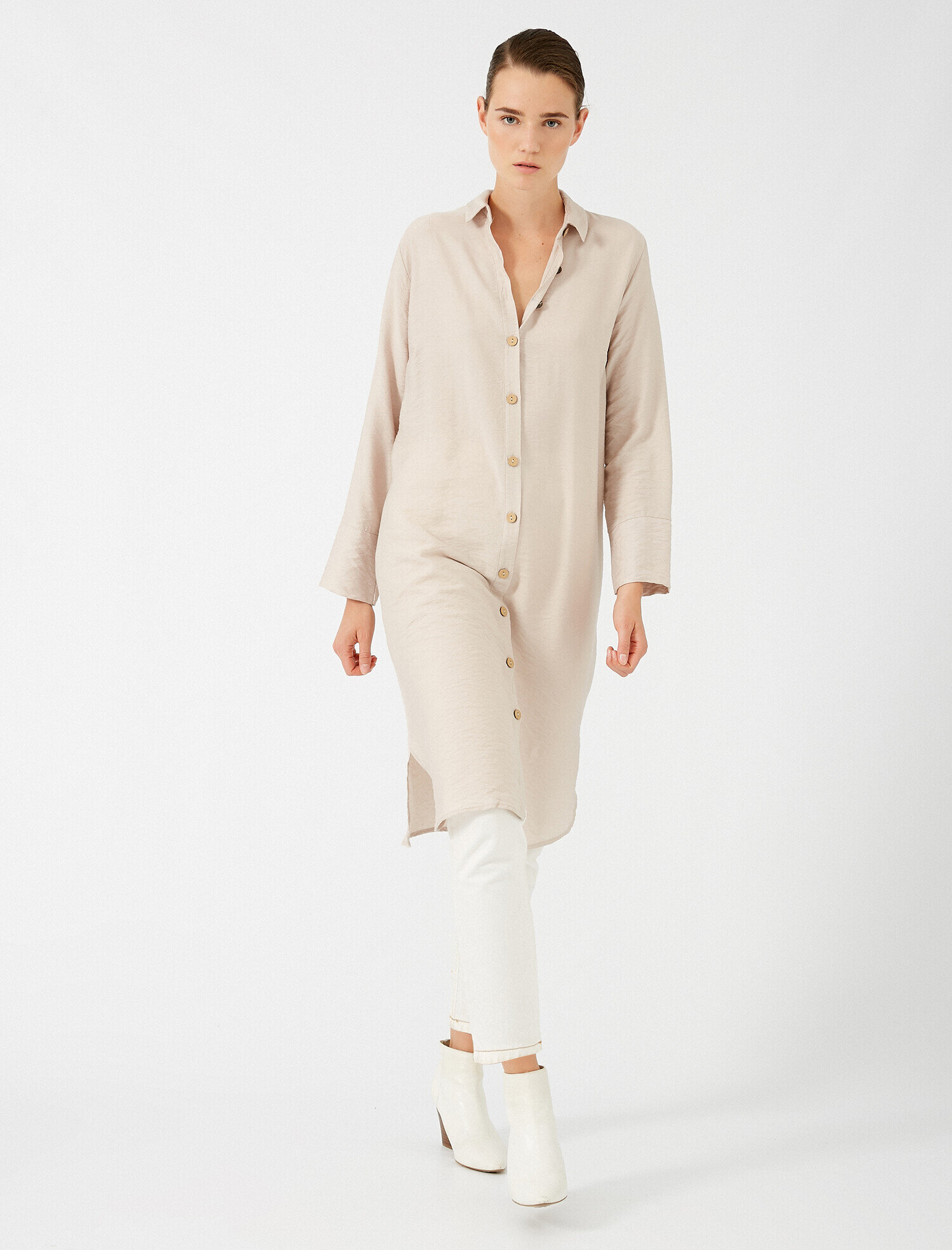   Gömlek Yaka Düğme Detaylı Uzun Kollu Tunik