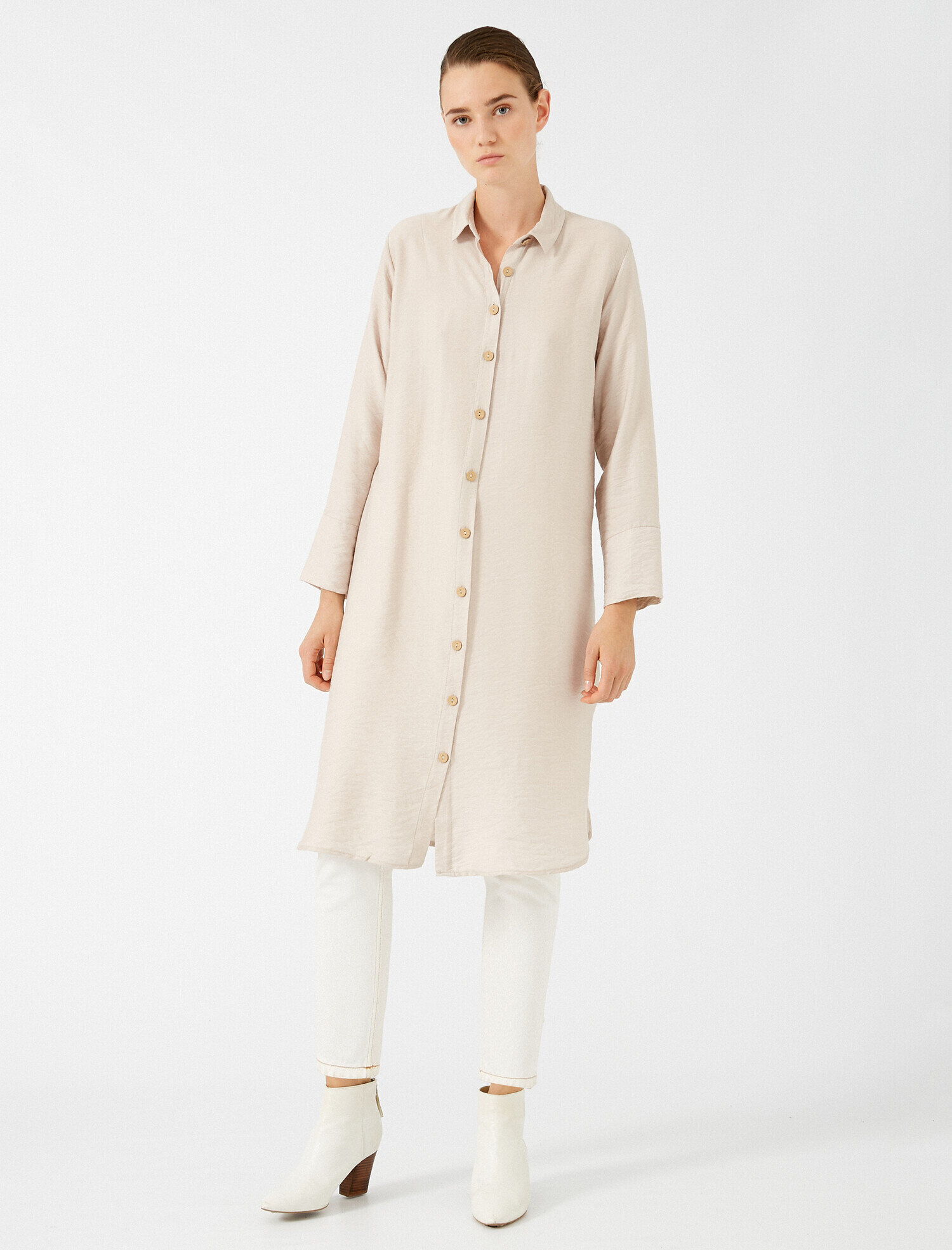   Gömlek Yaka Düğme Detaylı Uzun Kollu Tunik