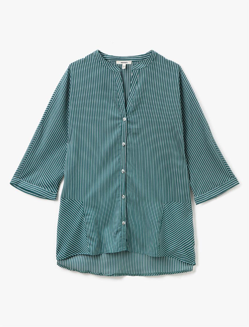   Çizgili Oversize Mandarin Yaka Gömlek