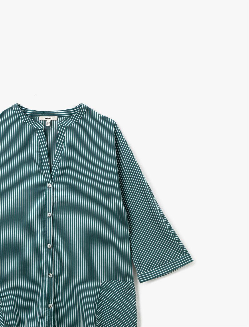   Çizgili Oversize Mandarin Yaka Gömlek