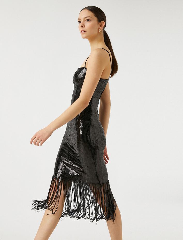  Pullu Abiye Elbise Püsküllü  İnce Askılı