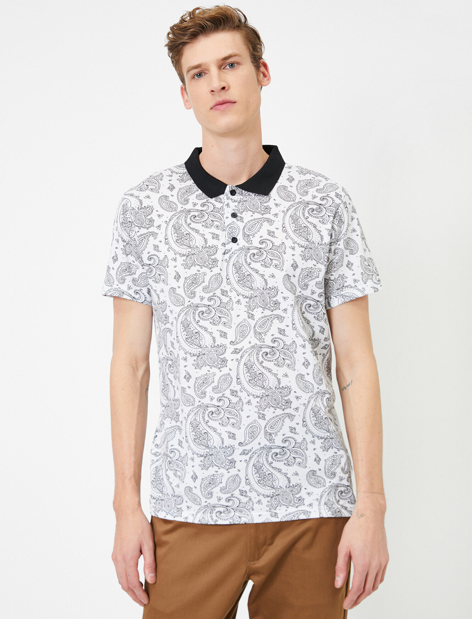   Polo Yaka Şal Desenli Kontrast Yaka Süprem Kumaş Slim Fit Tişört