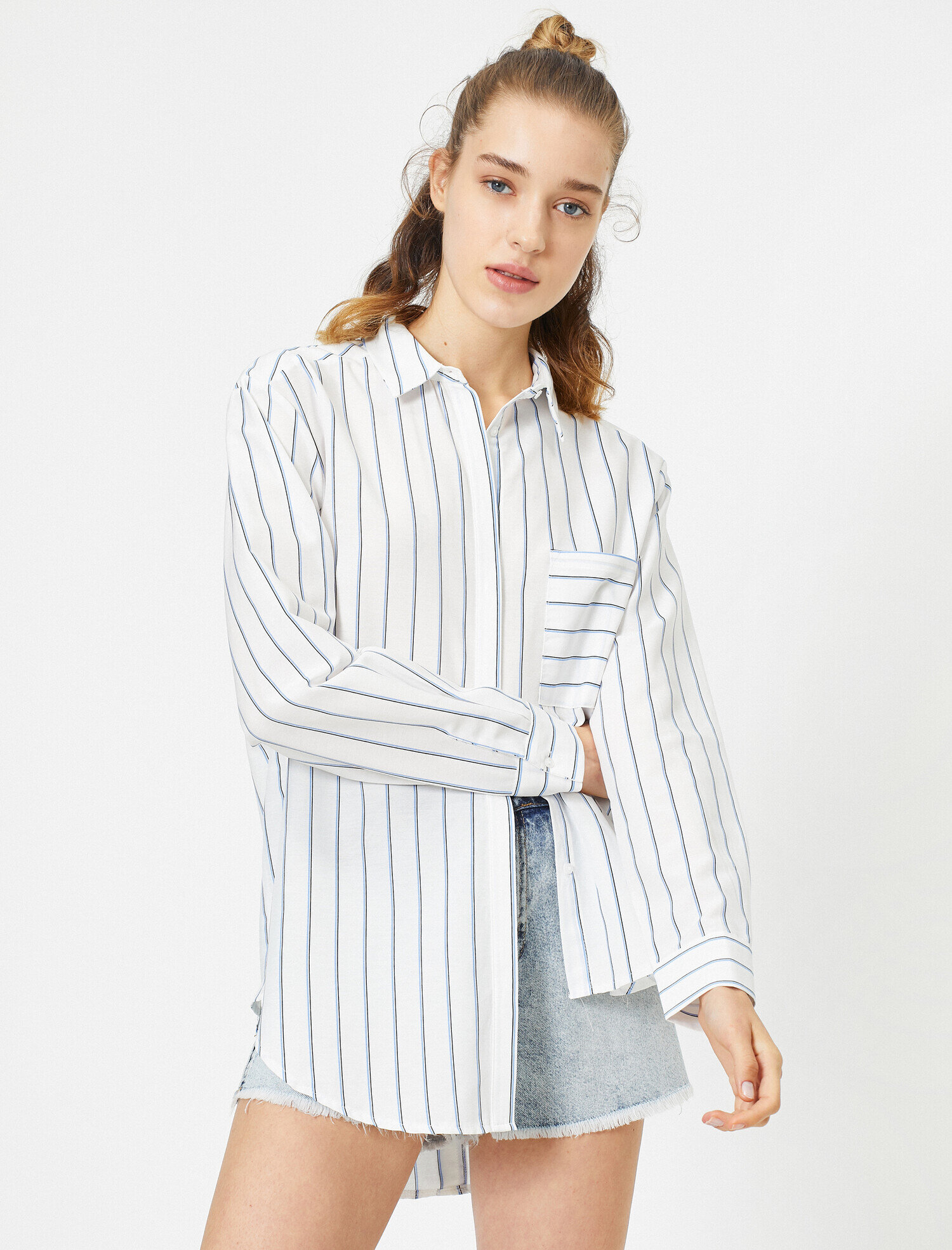   Klasik Yaka Uzun Kollu %100 Pamuk Tek Cep Çizgili Gömlek