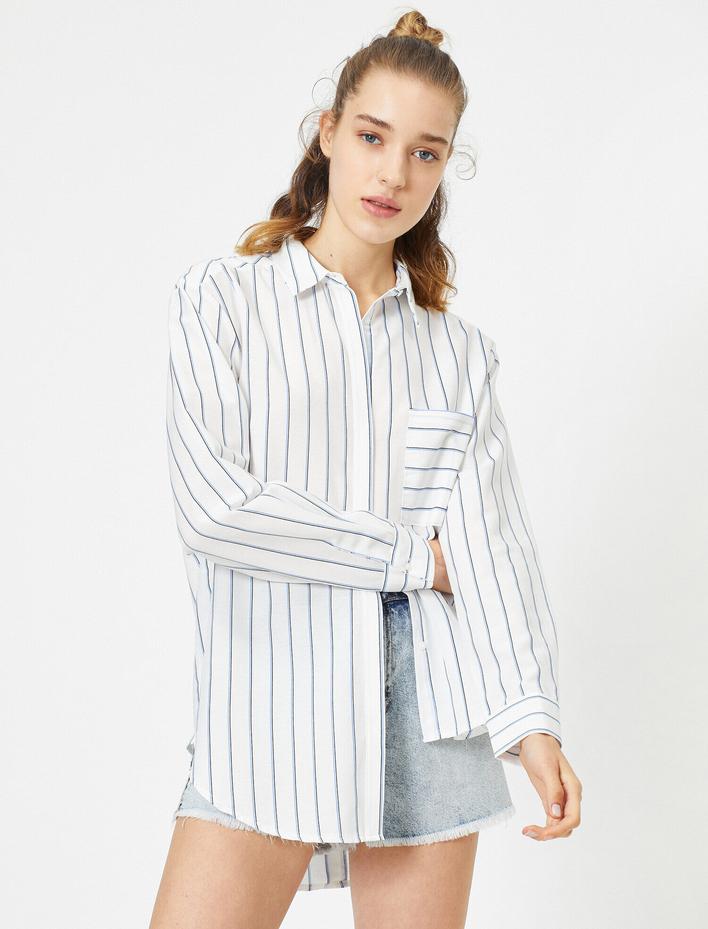  Klasik Yaka Uzun Kollu %100 Pamuk Tek Cep Çizgili Gömlek