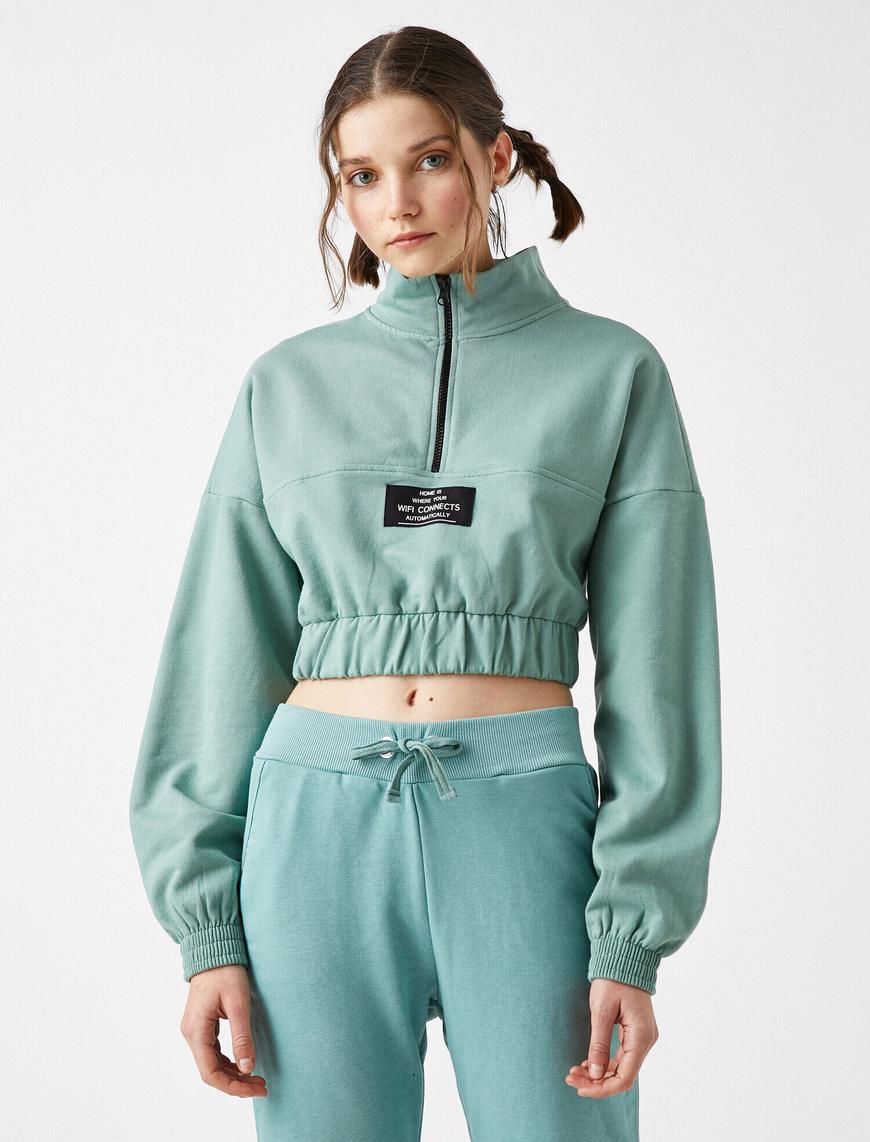   %100 Pamuk Sloganlı Crop Sweatshirt