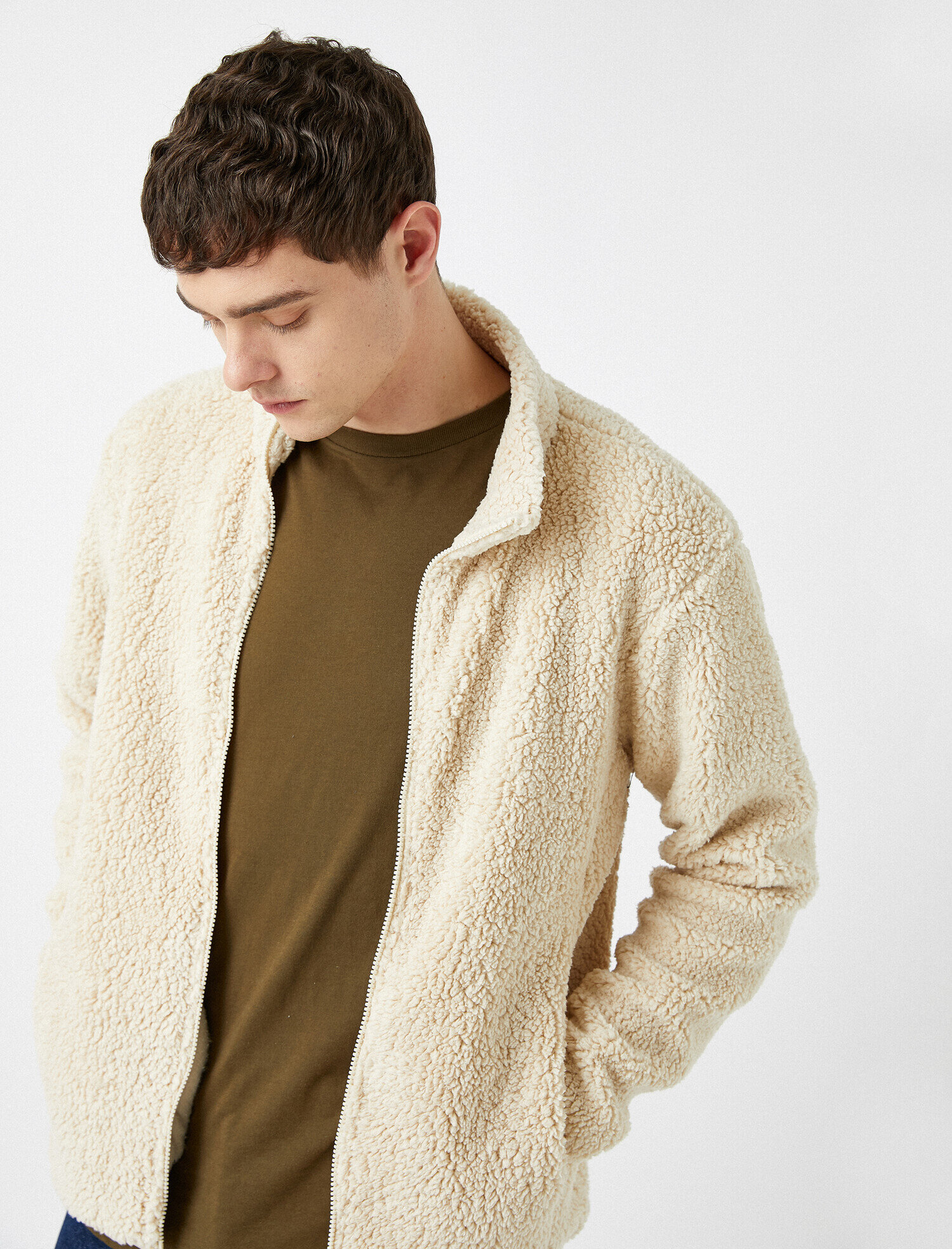   Fermuarlı Dik Yaka Peluş Sweatshirt