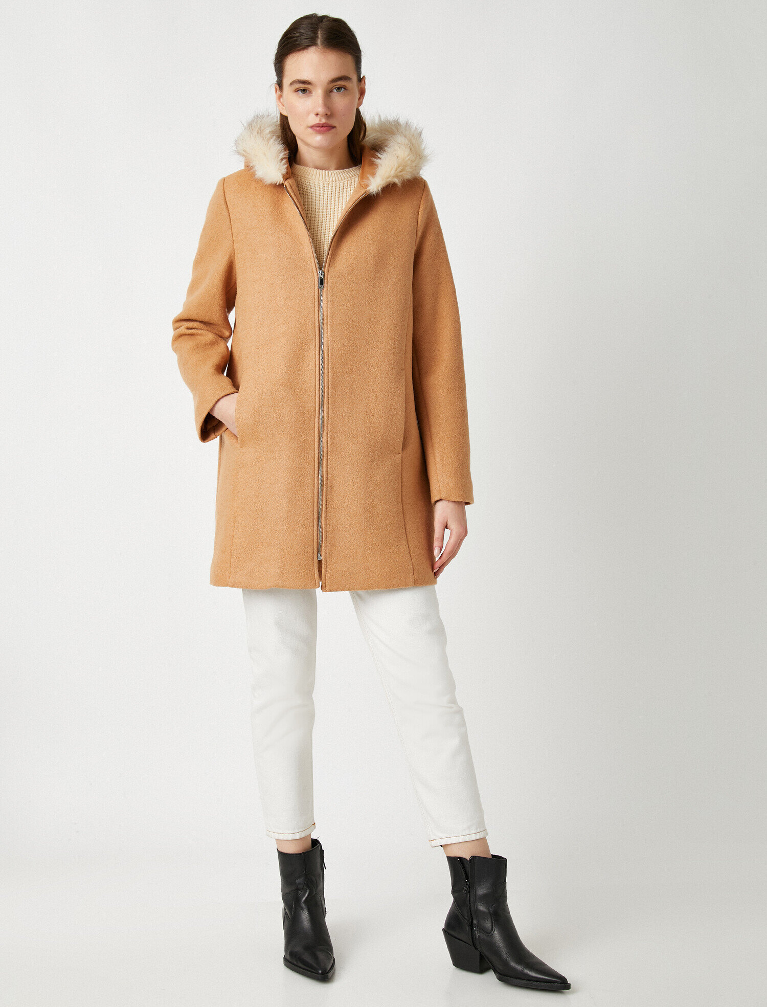   Suni Kürklü Kapüşonlu Kaban