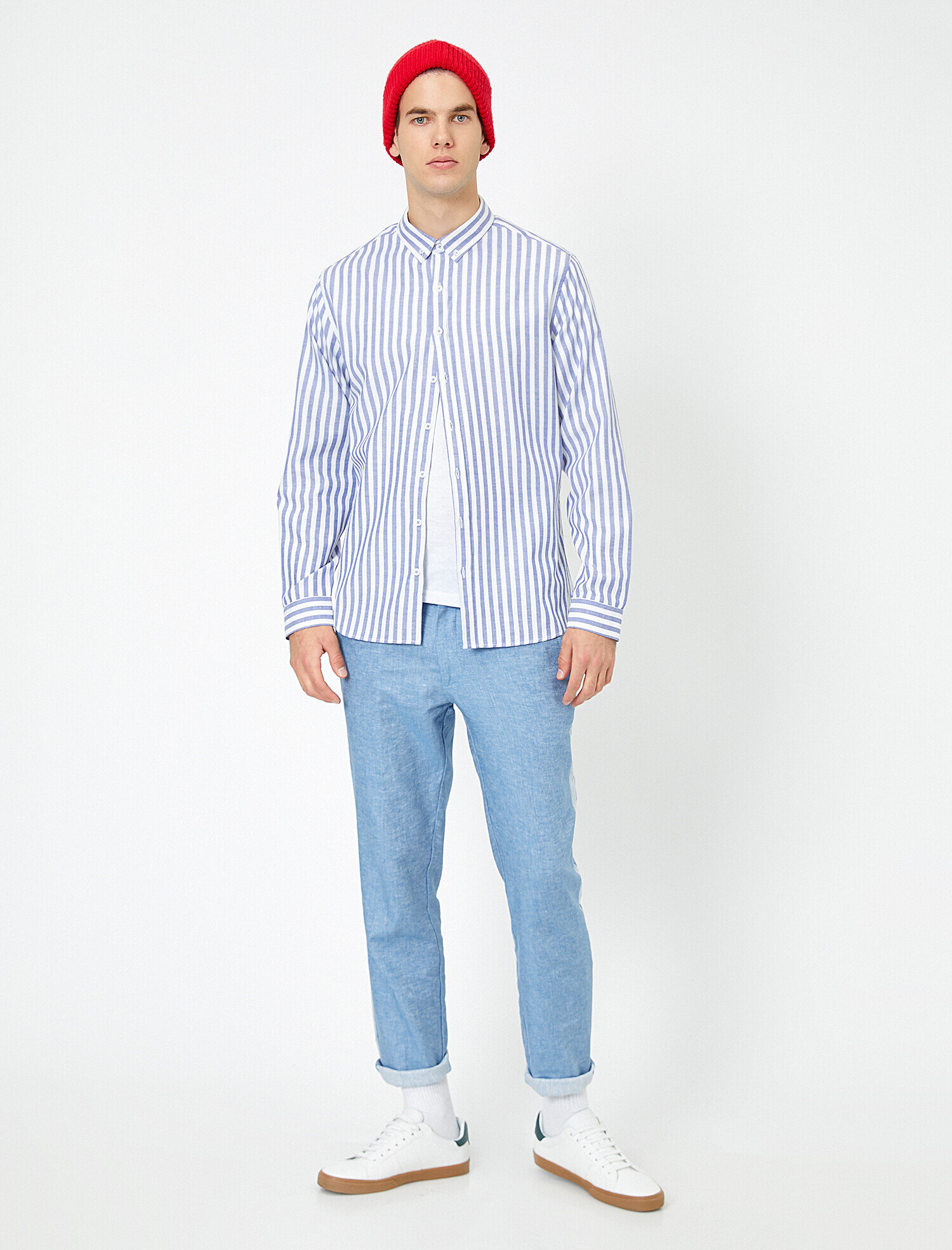 Düğmeli Yaka Çizgili Slim Fit Casual Gömlek