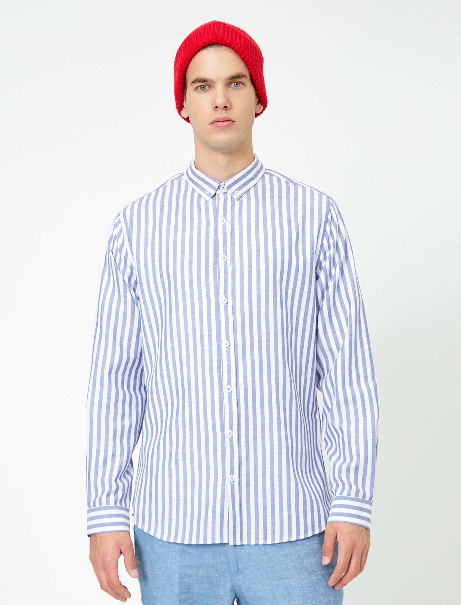 Düğmeli Yaka Çizgili Slim Fit Casual Gömlek