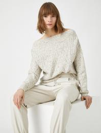 Ekru Kadın Kayık Yaka Saç Örgüsü Oversize Kazak 1KAK92737HT | Koton