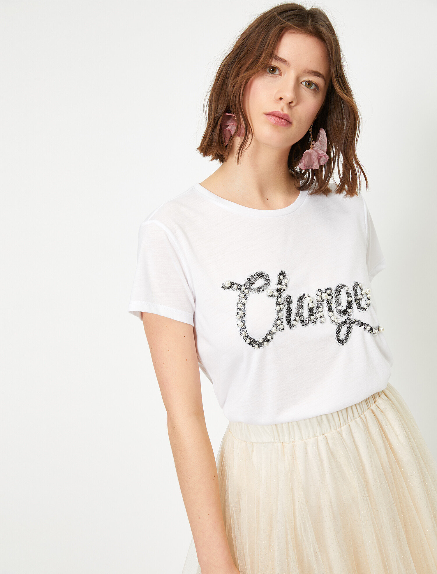   İnci Detaylı Baskılı Bisiklet Yaka Tişört