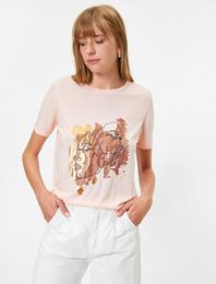 Parlak Baskılı Bisiklet Yaka Kısa Kollu Tişört